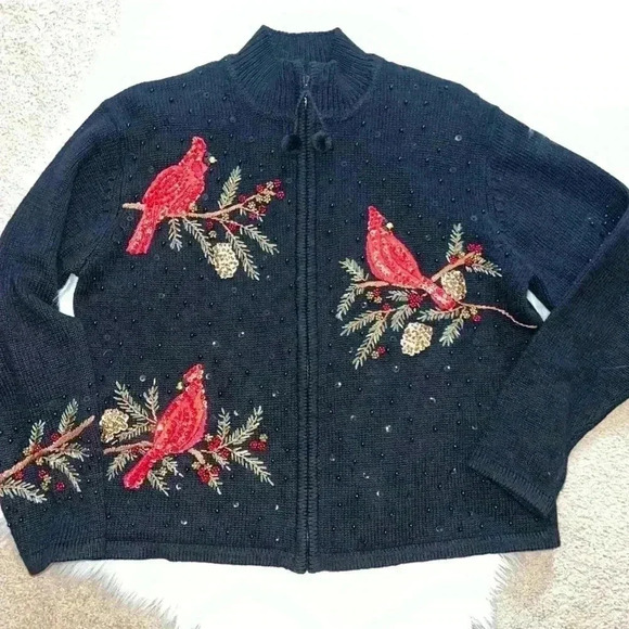 Heirloom Collectibles Vintage 2004 Christmas Sequin Cardinal Print Petite Large - Picture 2 of 8